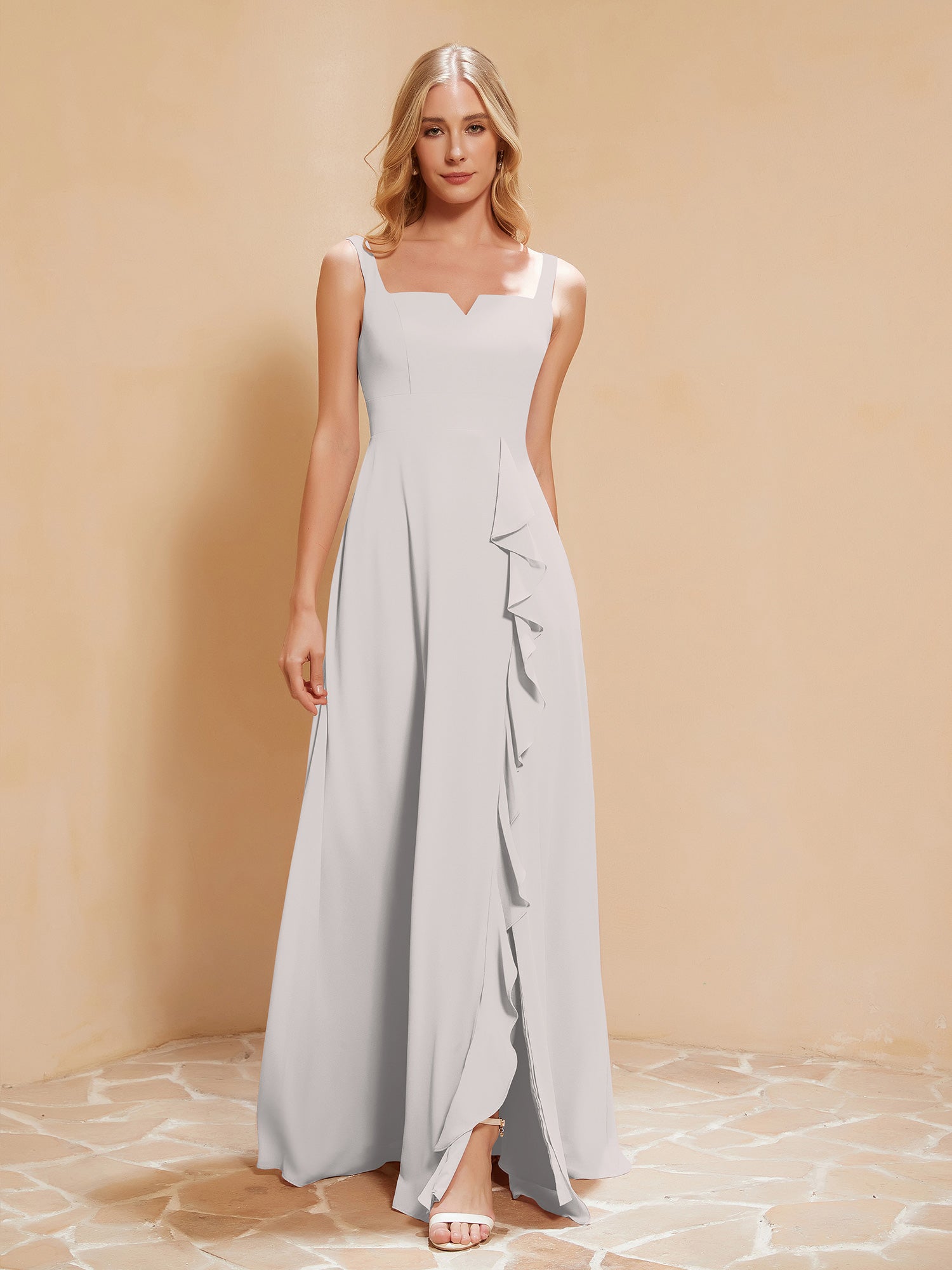 Sleeveless Bridesmaid Gown with Ruffles Silver